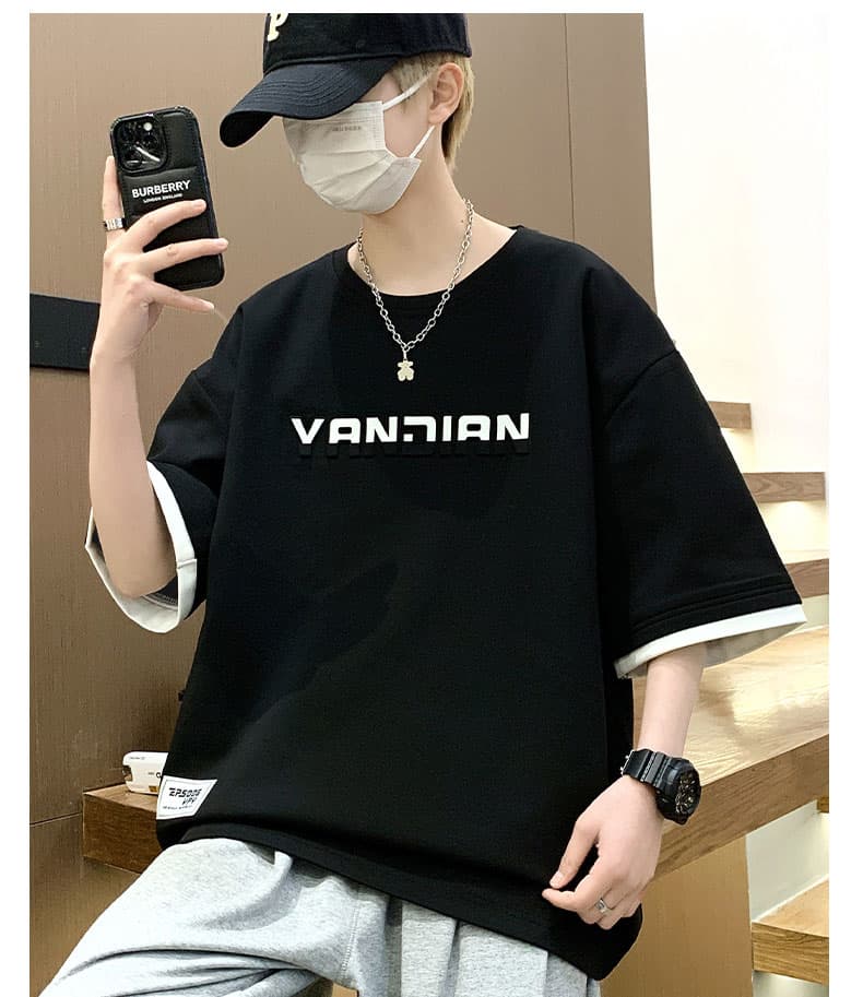 オーバーサイズTシャツ 立体ロゴ入り五分袖ゆったりシャツ
