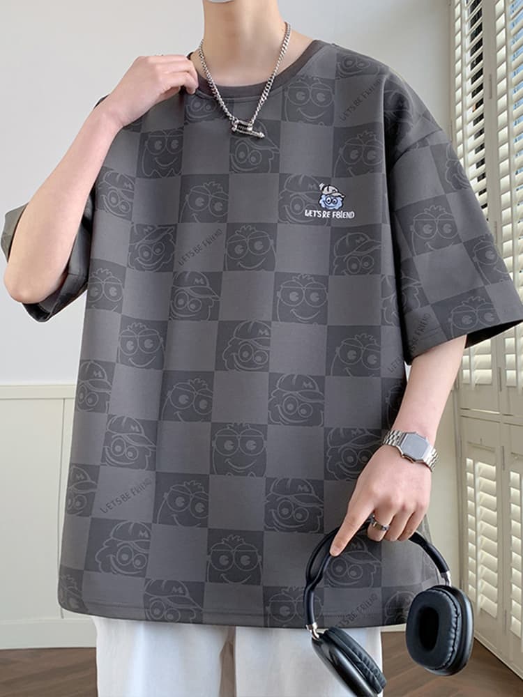 オーバーサイズTシャツ 市松模様キャラクター刺繍ゆったりシャツ