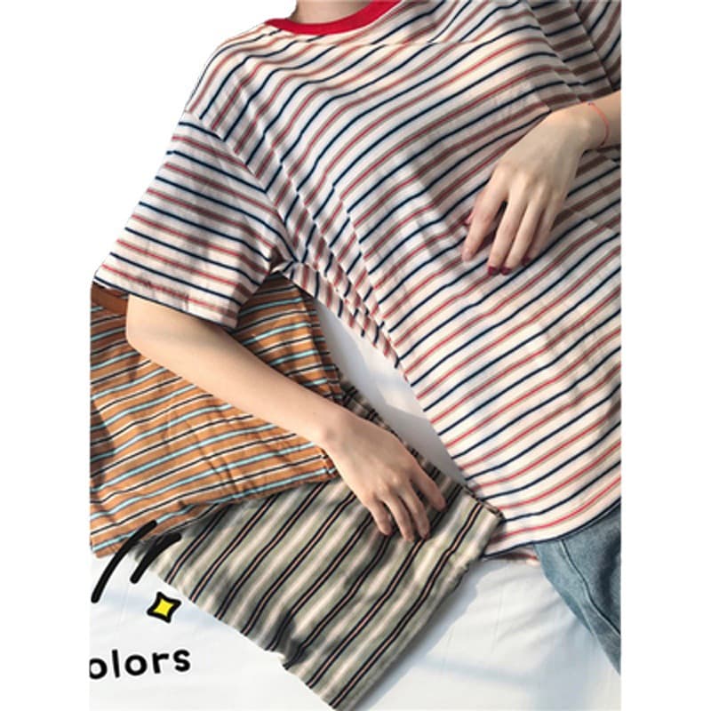 オーバーサイズTシャツ なめらかボーダーゆったり半袖