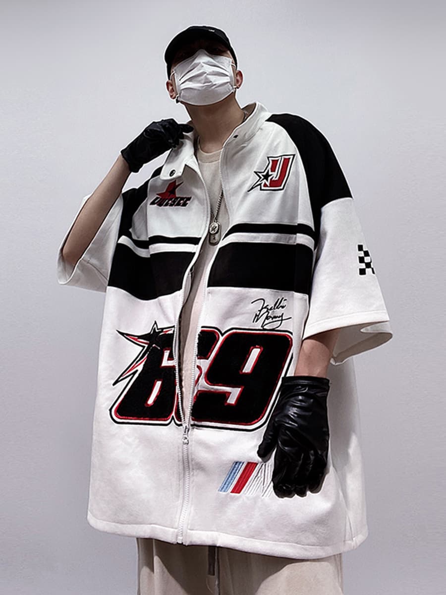 オーバーサイズTシャツ レーシング風半袖ジップジャケット