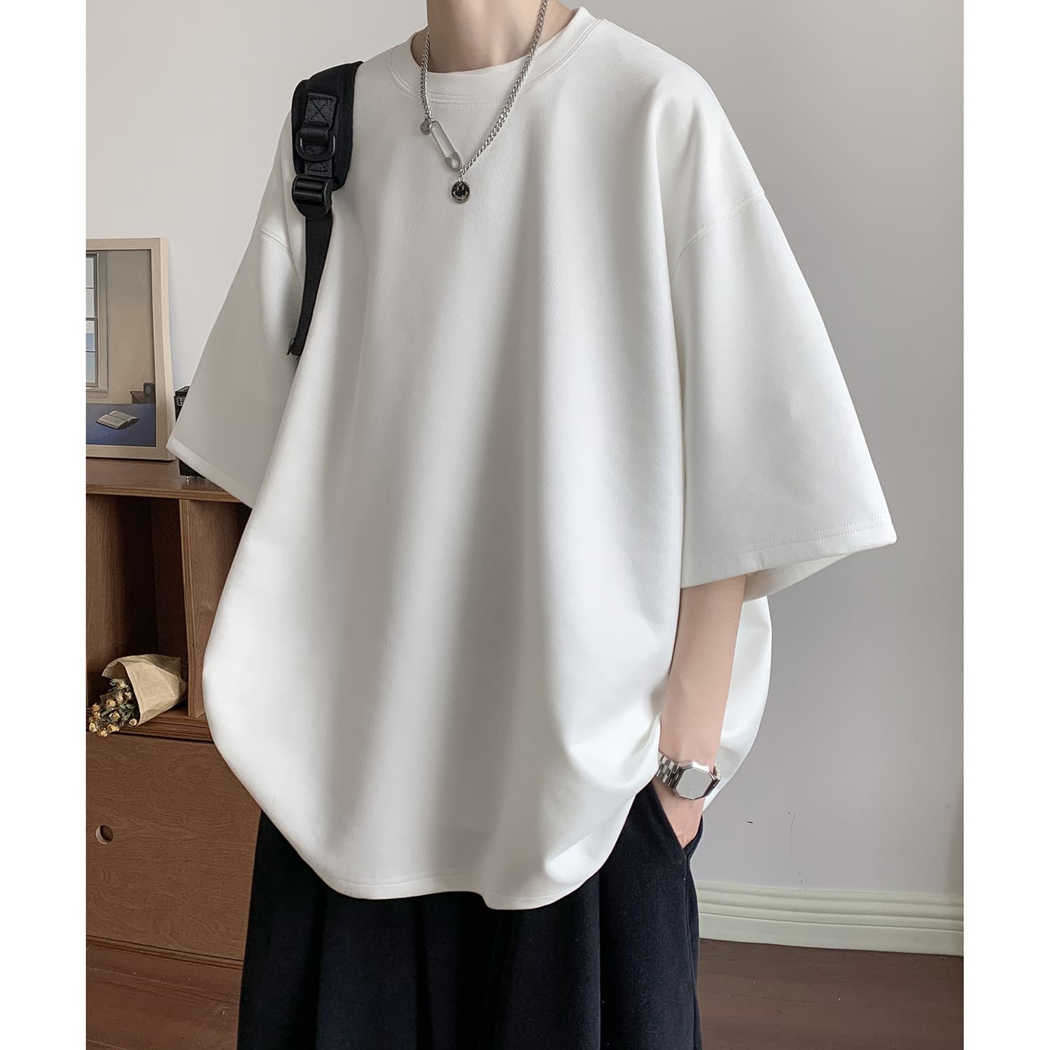オーバーサイズTシャツ メンズゆったりシルエット 五分袖無地Tシャツ