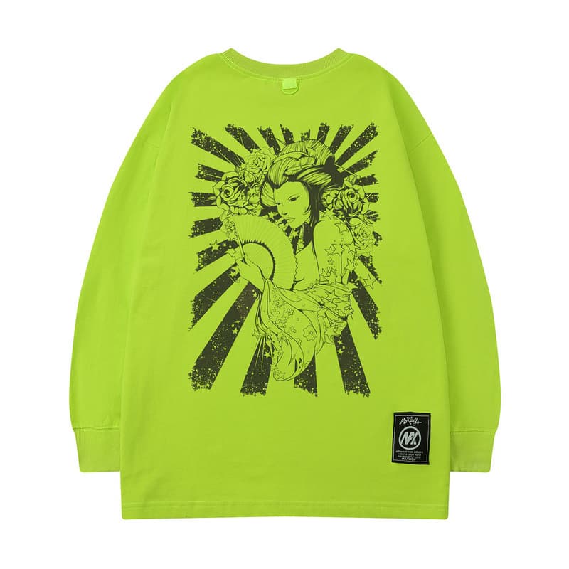 オーバーサイズTシャツ 和風アート オーバーサイズ長袖ティーシャツ 男女兼用 全2色