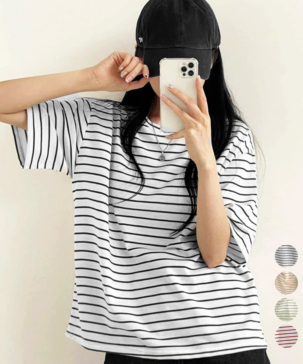 オーバーサイズTシャツ 配色ボーダー柄半袖オーバーサイズティーシャツ