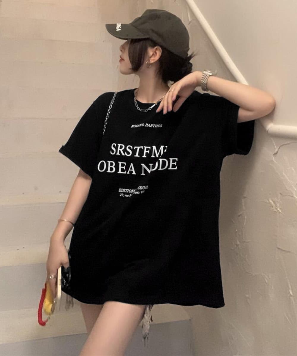オーバーサイズTシャツ 文字印刷半袖Tシャツ 韓国風ゆったりトップス