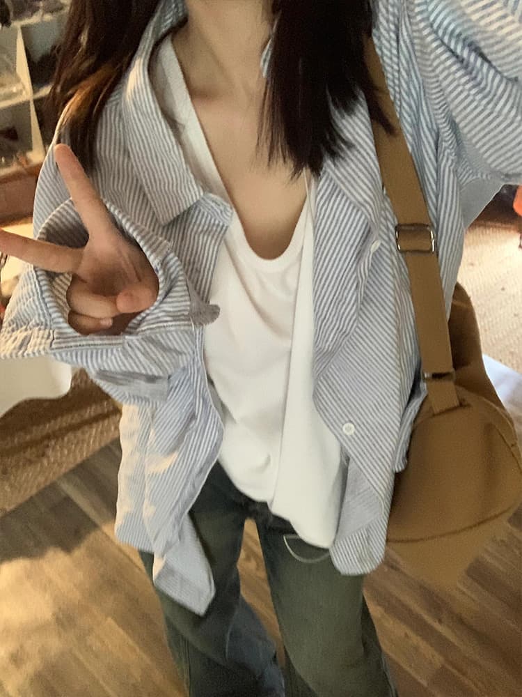オーバーサイズTシャツ 爽やか縞模様オーバーシャツ