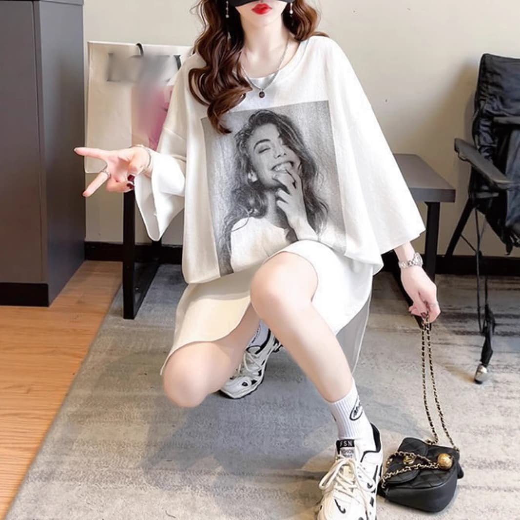 オーバーサイズTシャツ アートフォトプリントゆったり半袖