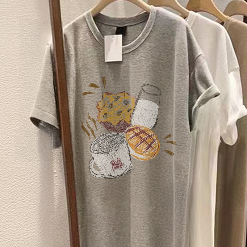 オーバーサイズTシャツ 朝食図案ロングワンピース