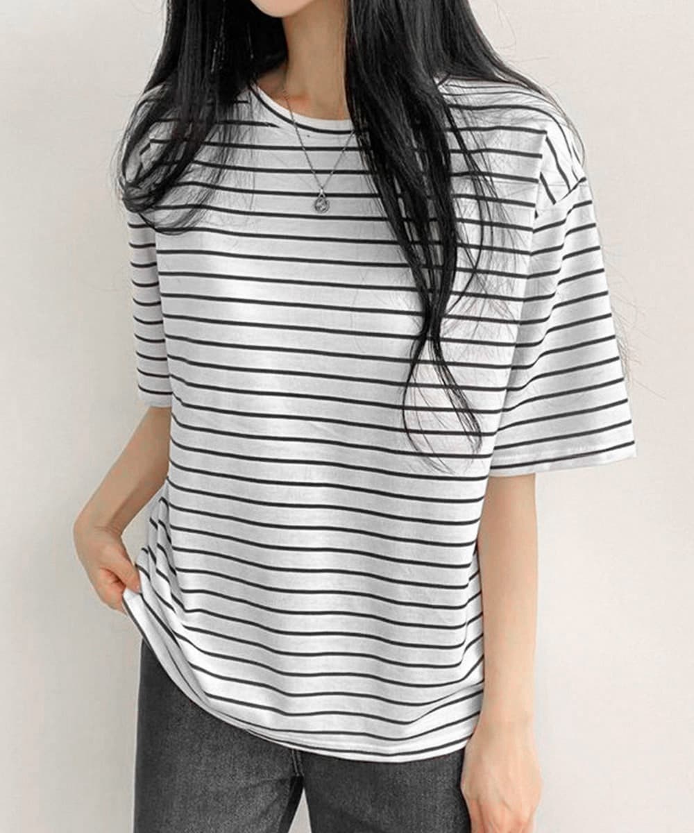 オーバーサイズTシャツ 配色ボーダー柄半袖オーバーサイズティーシャツ