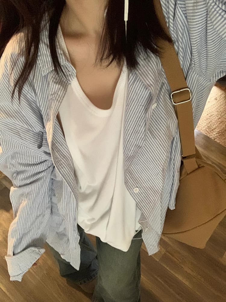 オーバーサイズTシャツ 爽やか縞模様オーバーシャツ