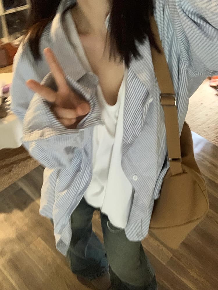 オーバーサイズTシャツ 爽やか縞模様オーバーシャツ