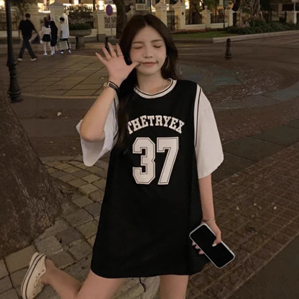 オーバーサイズTシャツ レイヤード風バスケタンクトップ