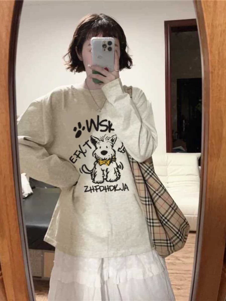 オーバーサイズTシャツ わんちゃんイラスト付き ゆったりトップス
