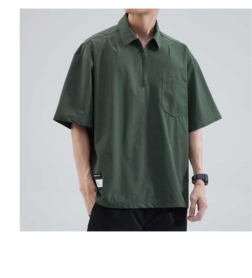 オーバーサイズTシャツ ハーフジップ襟付きポケットシャツ