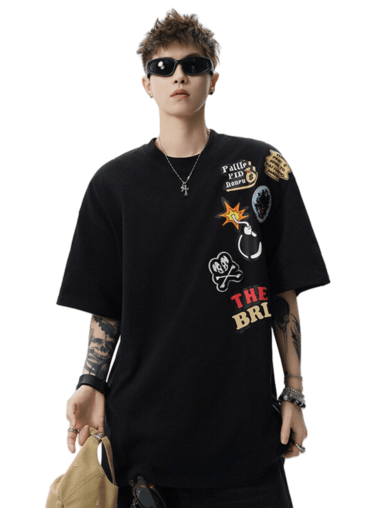 オーバーサイズTシャツ ストリートワッペン装飾ビッグシルエット