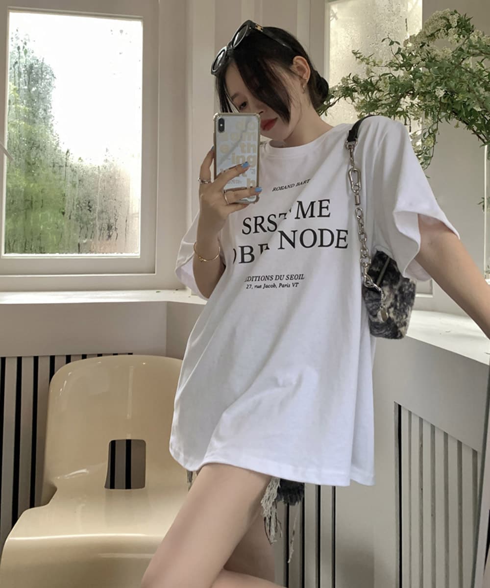 オーバーサイズTシャツ 文字印刷半袖Tシャツ 韓国風ゆったりトップス