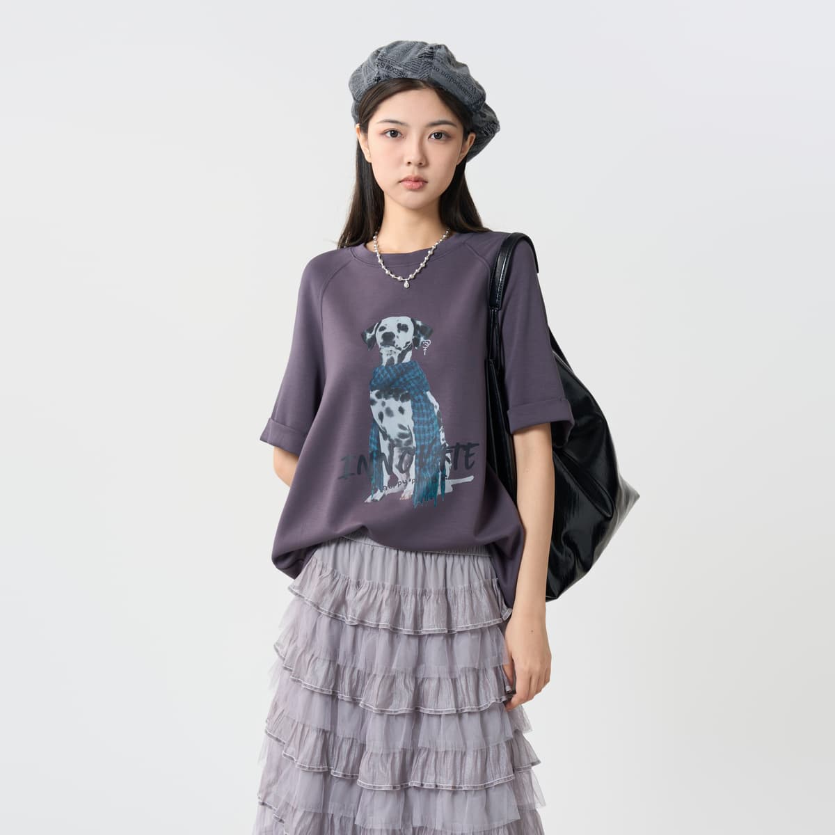 オーバーサイズTシャツ 愛らしい犬柄プリントゆったり半袖シャツ