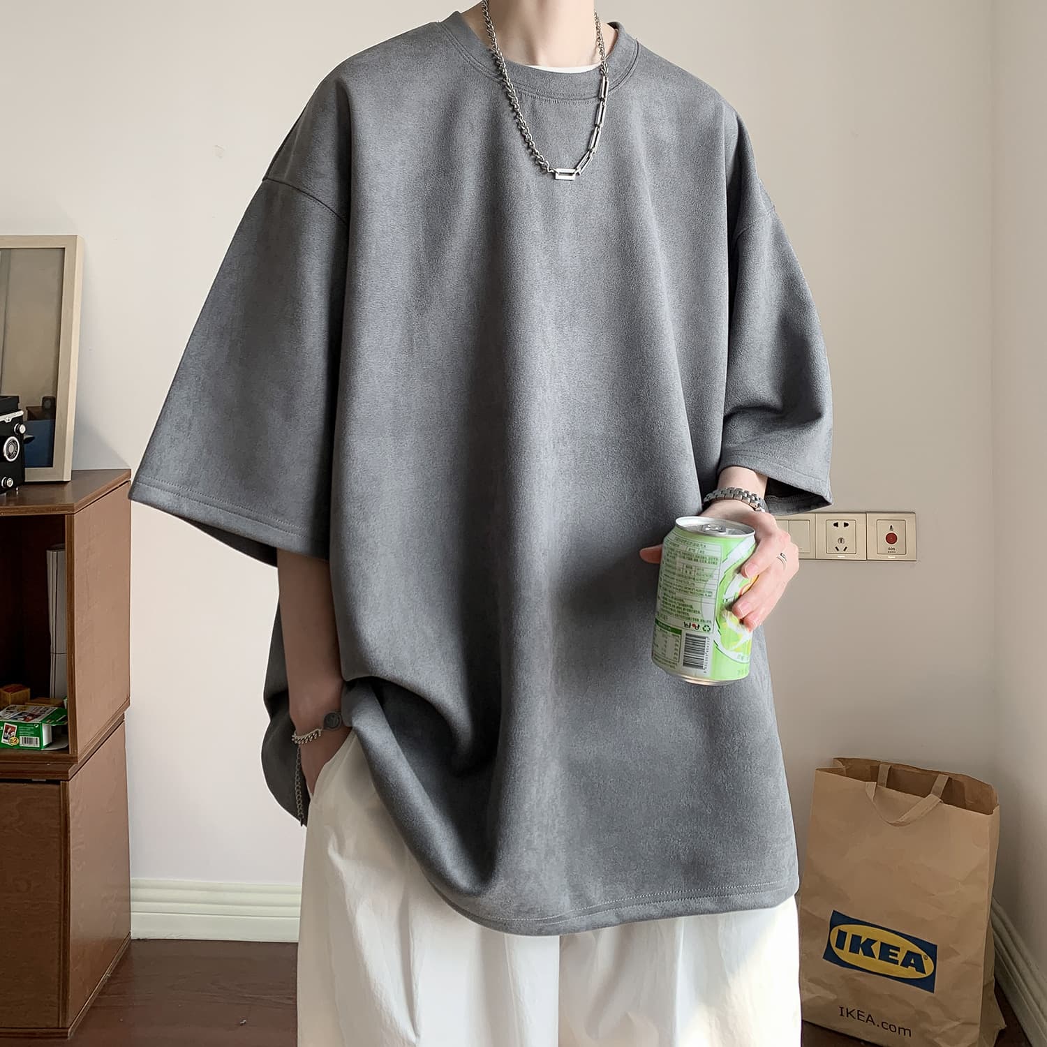 オーバーサイズTシャツ メンズゆったりシルエット 五分袖無地Tシャツ