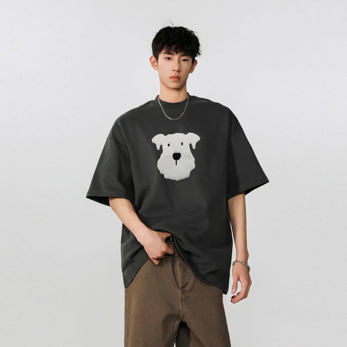 オーバーサイズTシャツ 犬プリント オーバーサイズ半袖シャツ メンズ