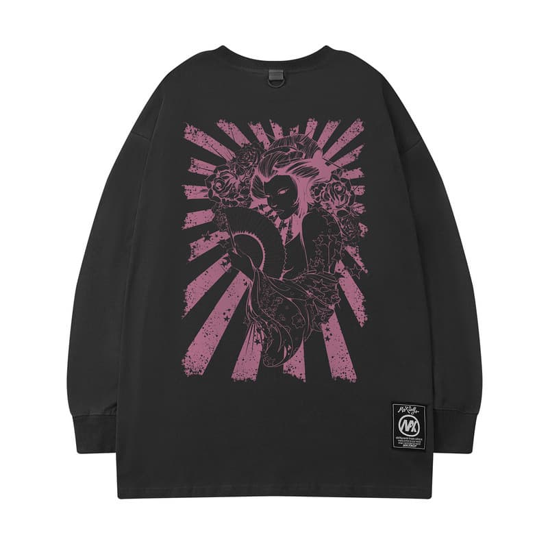 オーバーサイズTシャツ 和風アート オーバーサイズ長袖ティーシャツ 男女兼用 全2色
