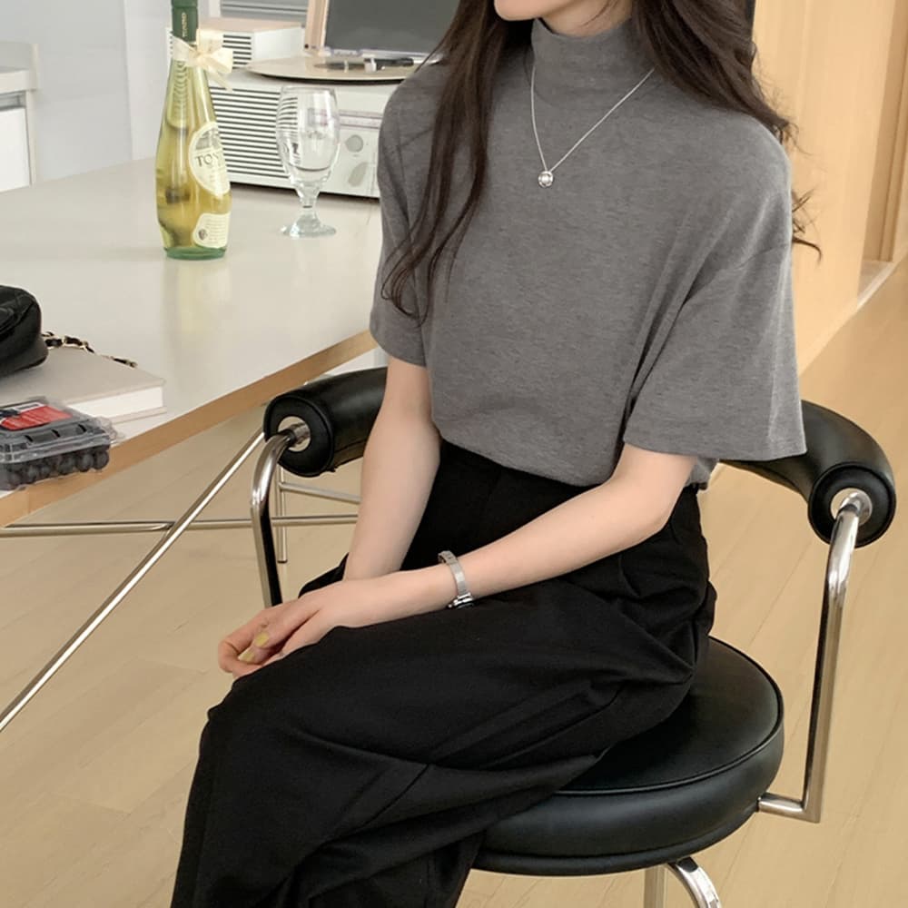 オーバーサイズTシャツ ハイネック半袖オーバーサイズ薄手シャツ レディース
