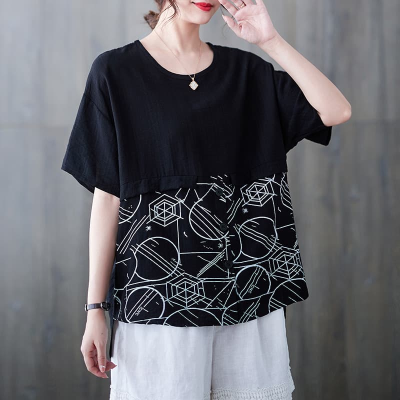オーバーサイズTシャツ レディース幾何学模様切替デザインゆったり半袖
