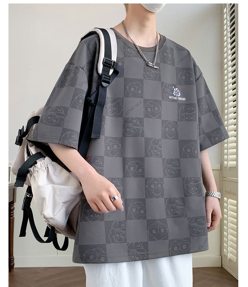 オーバーサイズTシャツ 市松模様キャラクター刺繍ゆったりシャツ