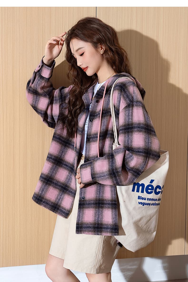 オーバーサイズTシャツ ゆったりチェック柄フード付きシャツ