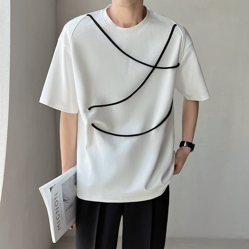 オーバーサイズTシャツ メンズ曲線ラインデザイン ゆったり半袖