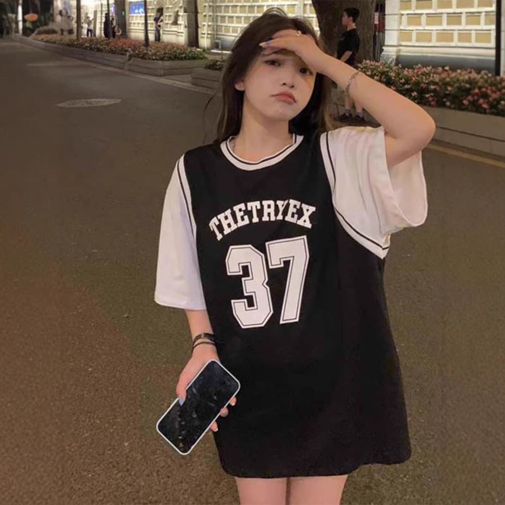 オーバーサイズTシャツ レイヤード風バスケタンクトップ