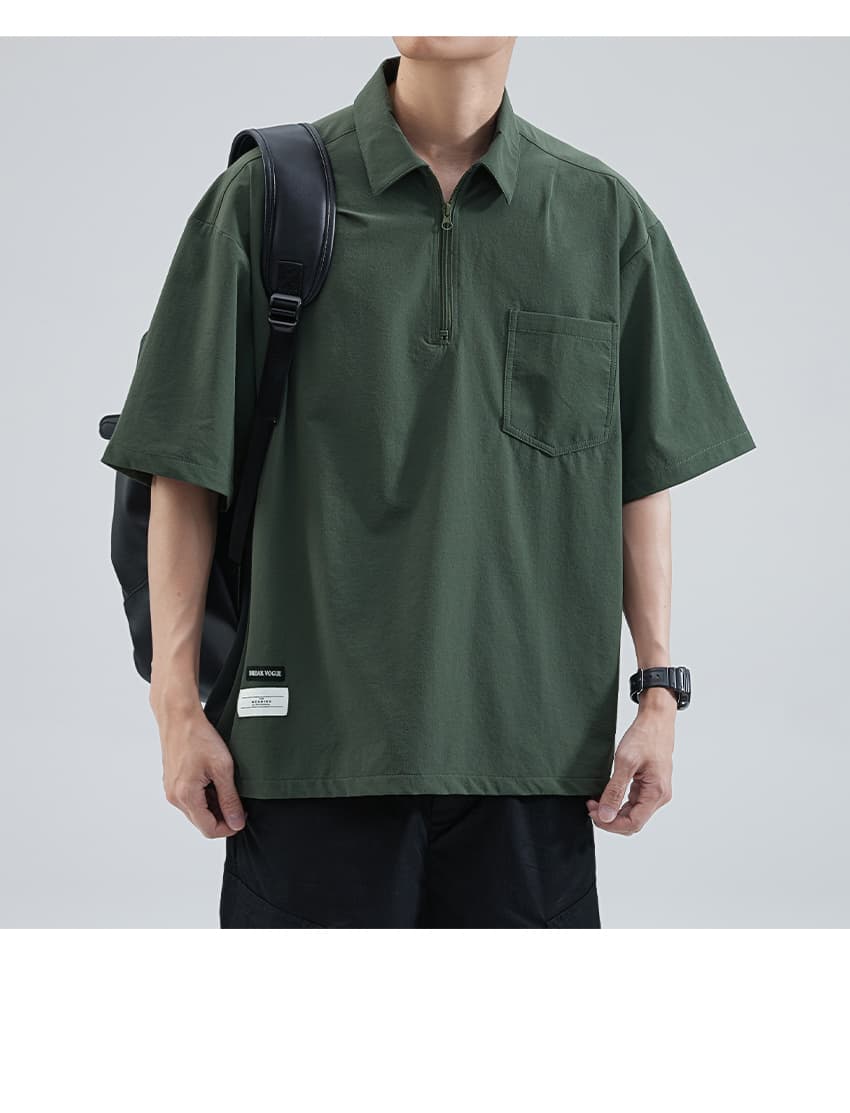 オーバーサイズTシャツ ハーフジップ襟付きポケットシャツ