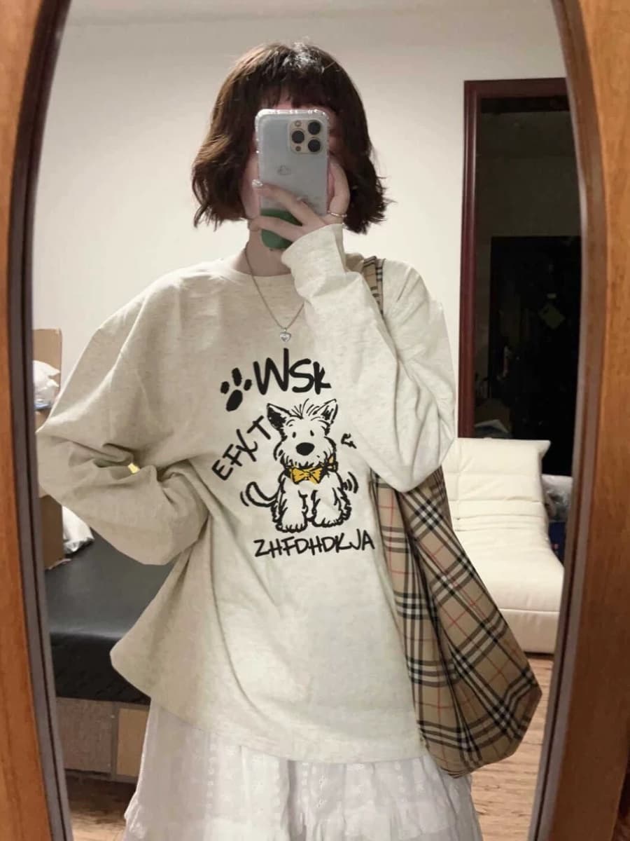 オーバーサイズTシャツ わんちゃんイラスト付き ゆったりトップス