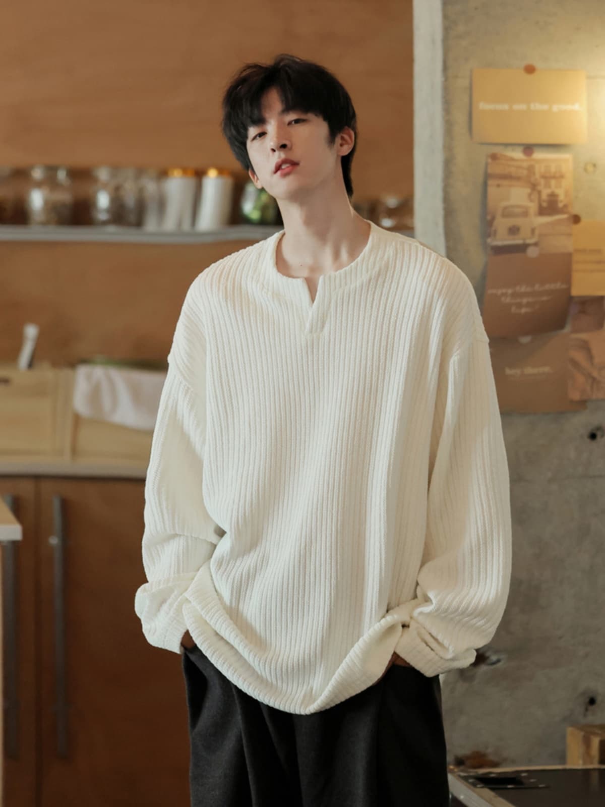 オーバーサイズTシャツ リブ編み襟抜きゆったりプルオーバー