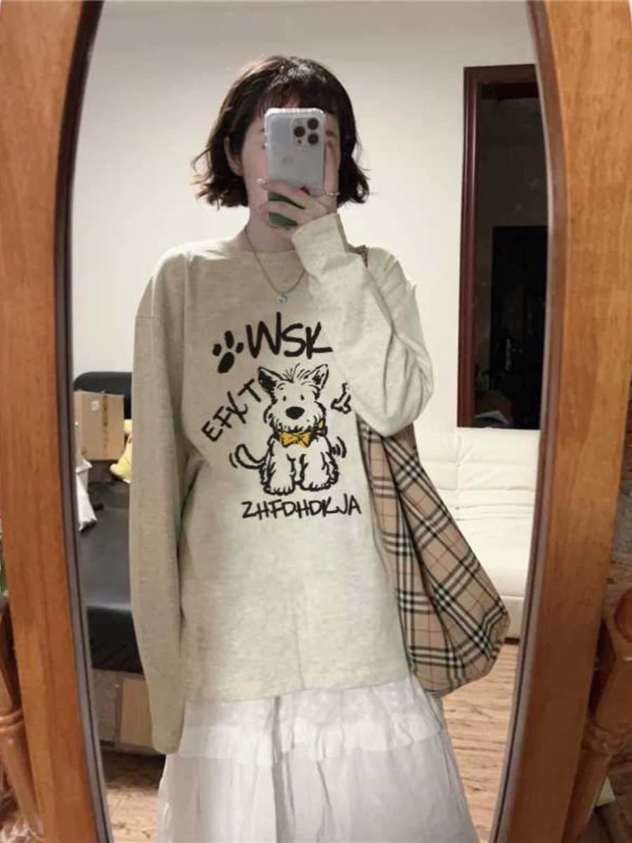 オーバーサイズTシャツ わんちゃんイラスト付き ゆったりトップス