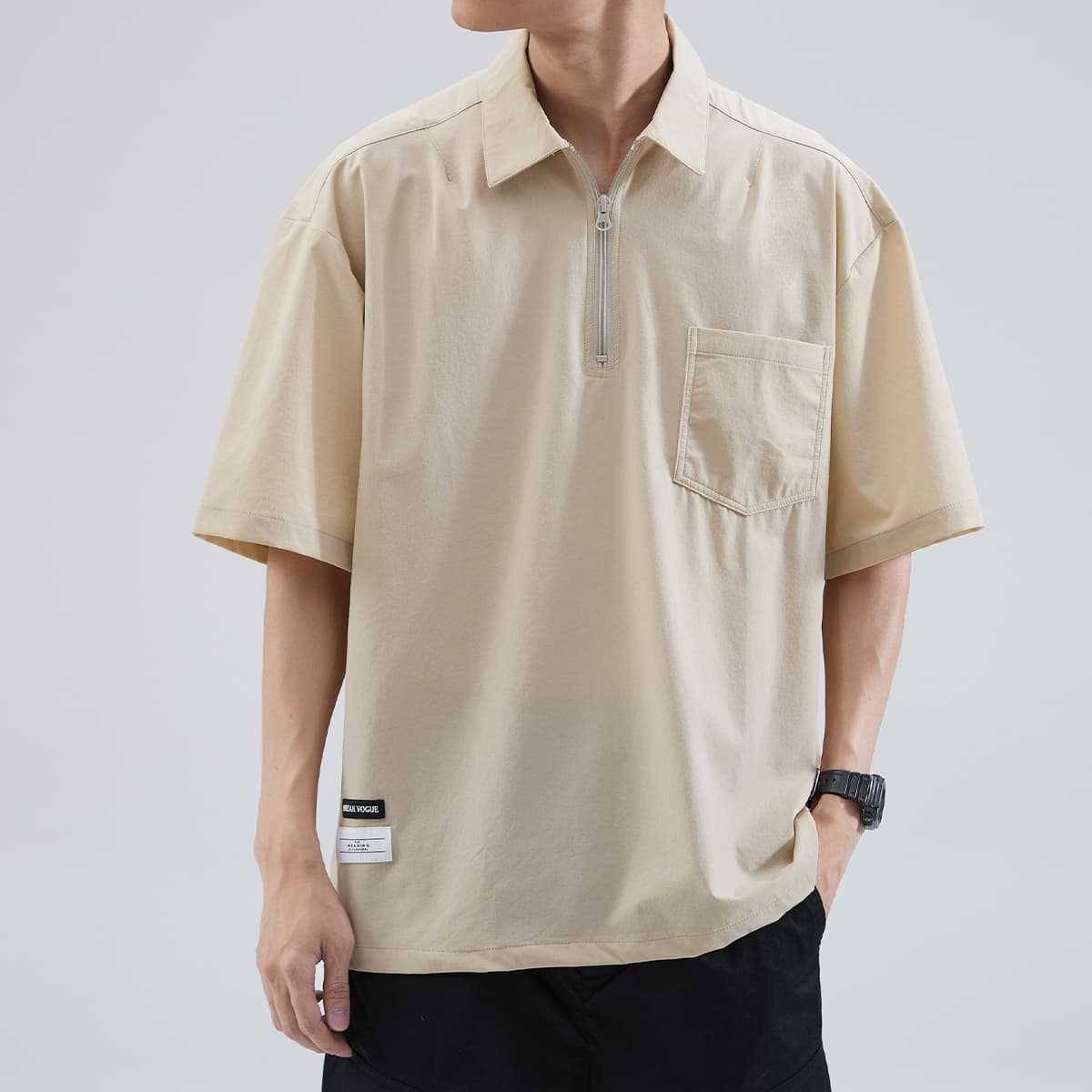 オーバーサイズTシャツ ハーフジップ襟付きポケットシャツ