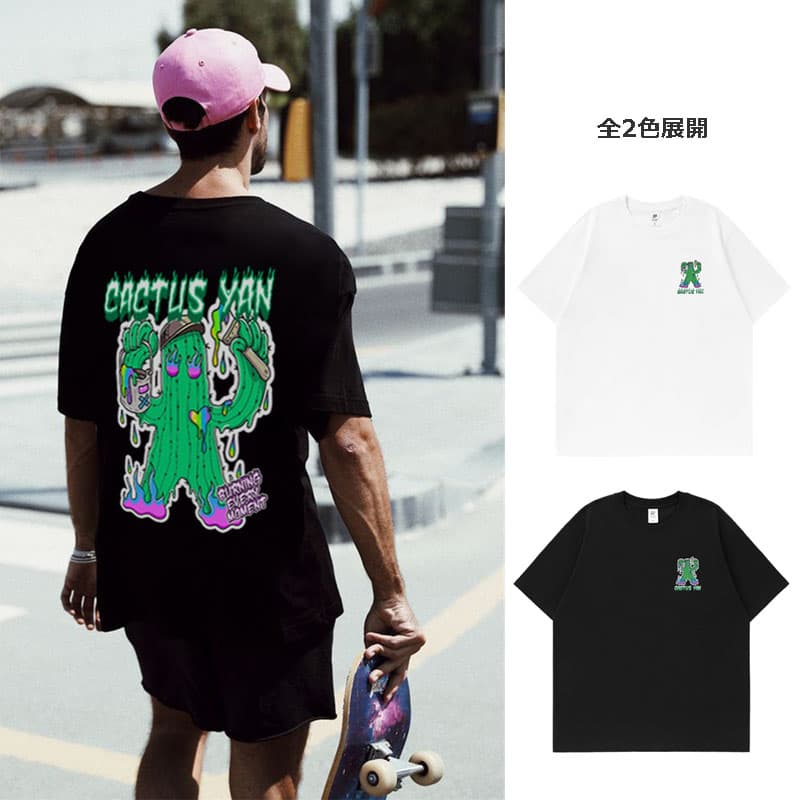 オーバーサイズTシャツ メンズ サボテン柄プリント オーバーサイズ半袖カットソー 全2色