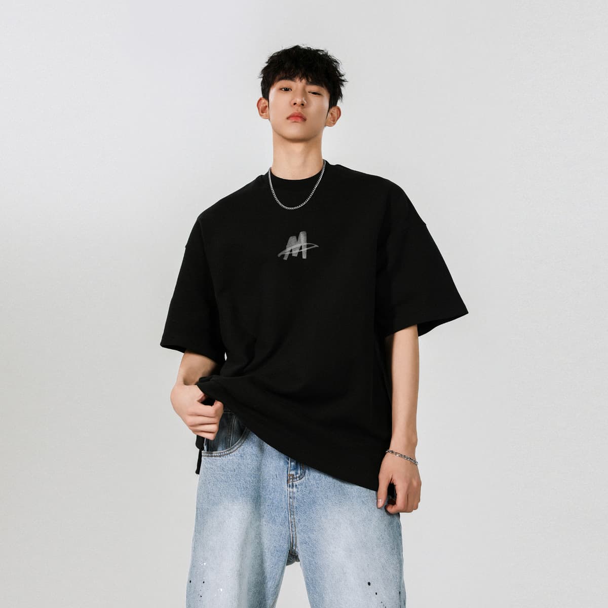 オーバーサイズTシャツ メンズオーバーサイズ半袖シャツ ロゴプリント黒