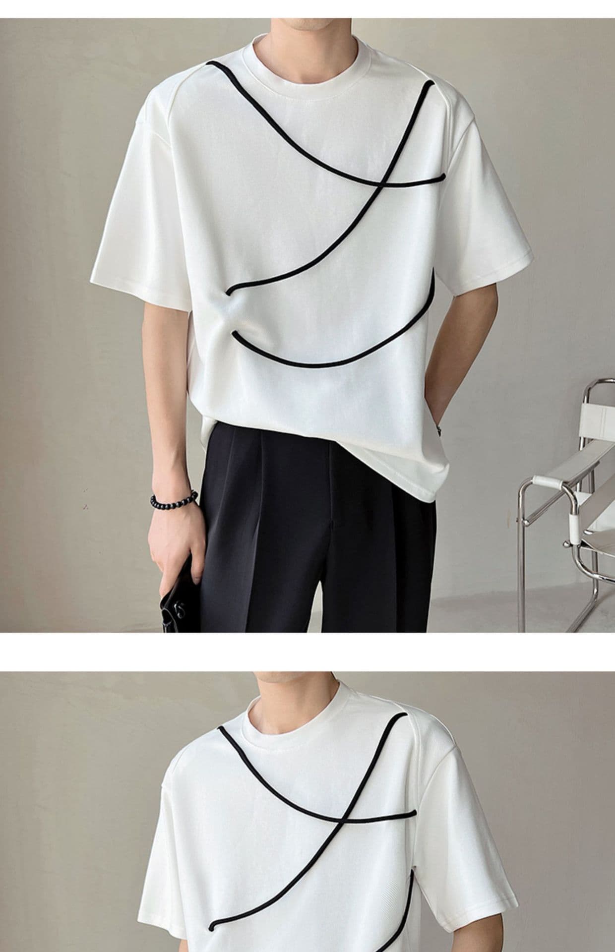 オーバーサイズTシャツ メンズ曲線ラインデザイン ゆったり半袖