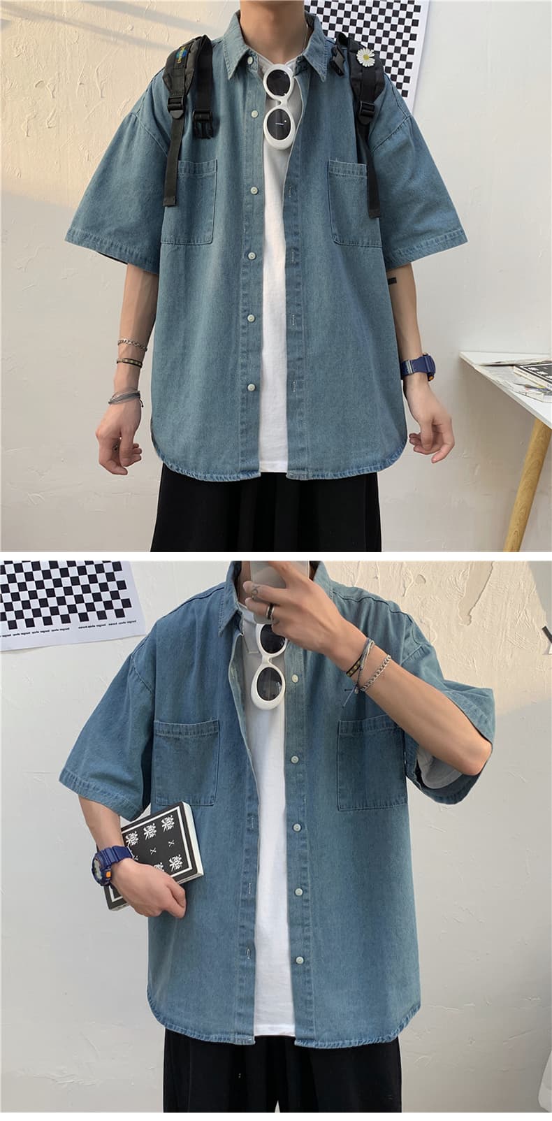 オーバーサイズTシャツ デニム風ゆったり半袖シャツ
