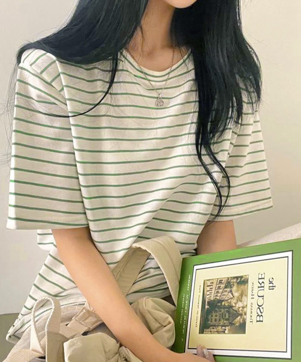 オーバーサイズTシャツ 配色ボーダー柄半袖オーバーサイズティーシャツ
