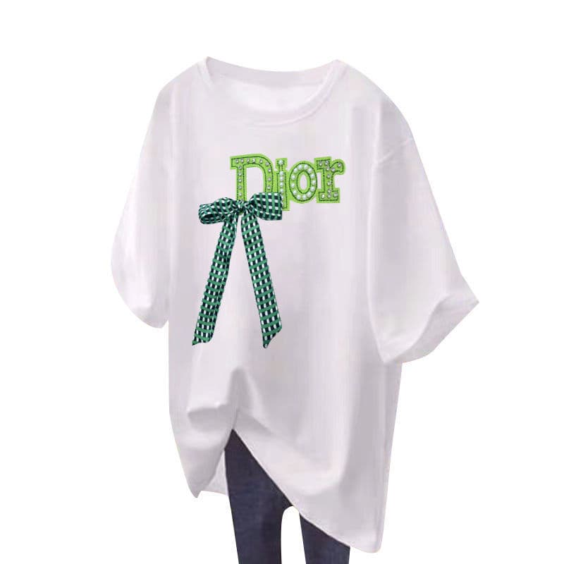 オーバーサイズTシャツ リボン刺繍 ゆったりカジュアル半袖