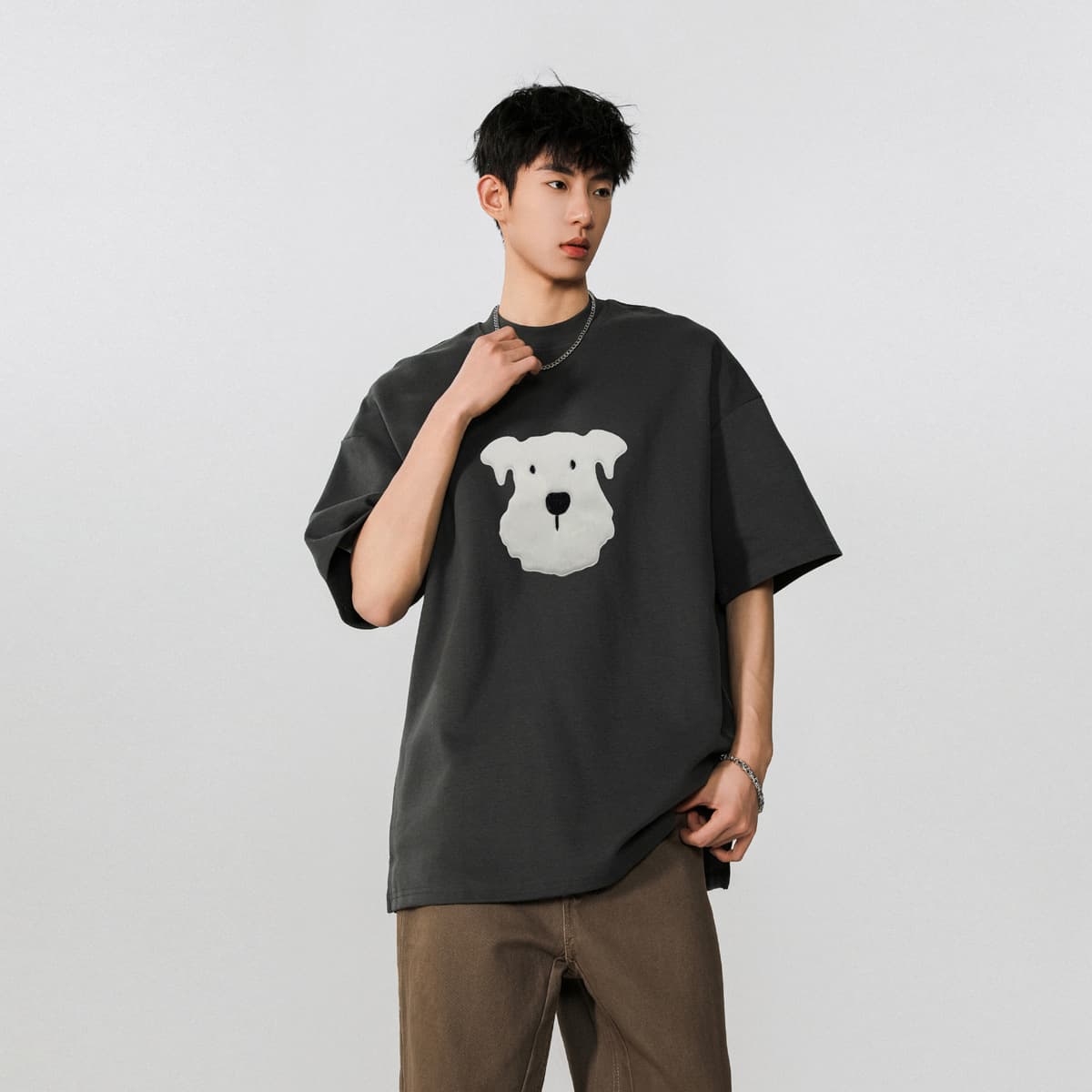 オーバーサイズTシャツ 犬プリント オーバーサイズ半袖シャツ メンズ