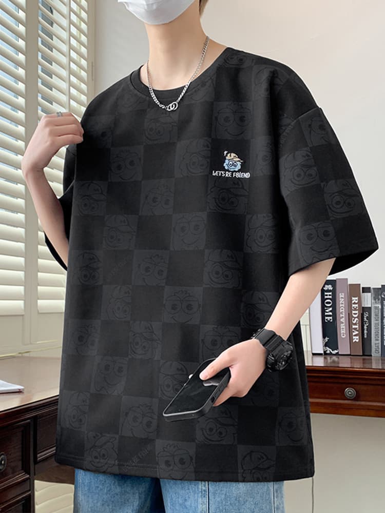 オーバーサイズTシャツ 市松模様キャラクター刺繍ゆったりシャツ