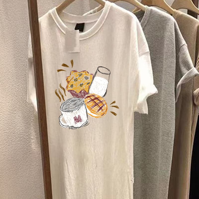 オーバーサイズTシャツ 朝食図案ロングワンピース
