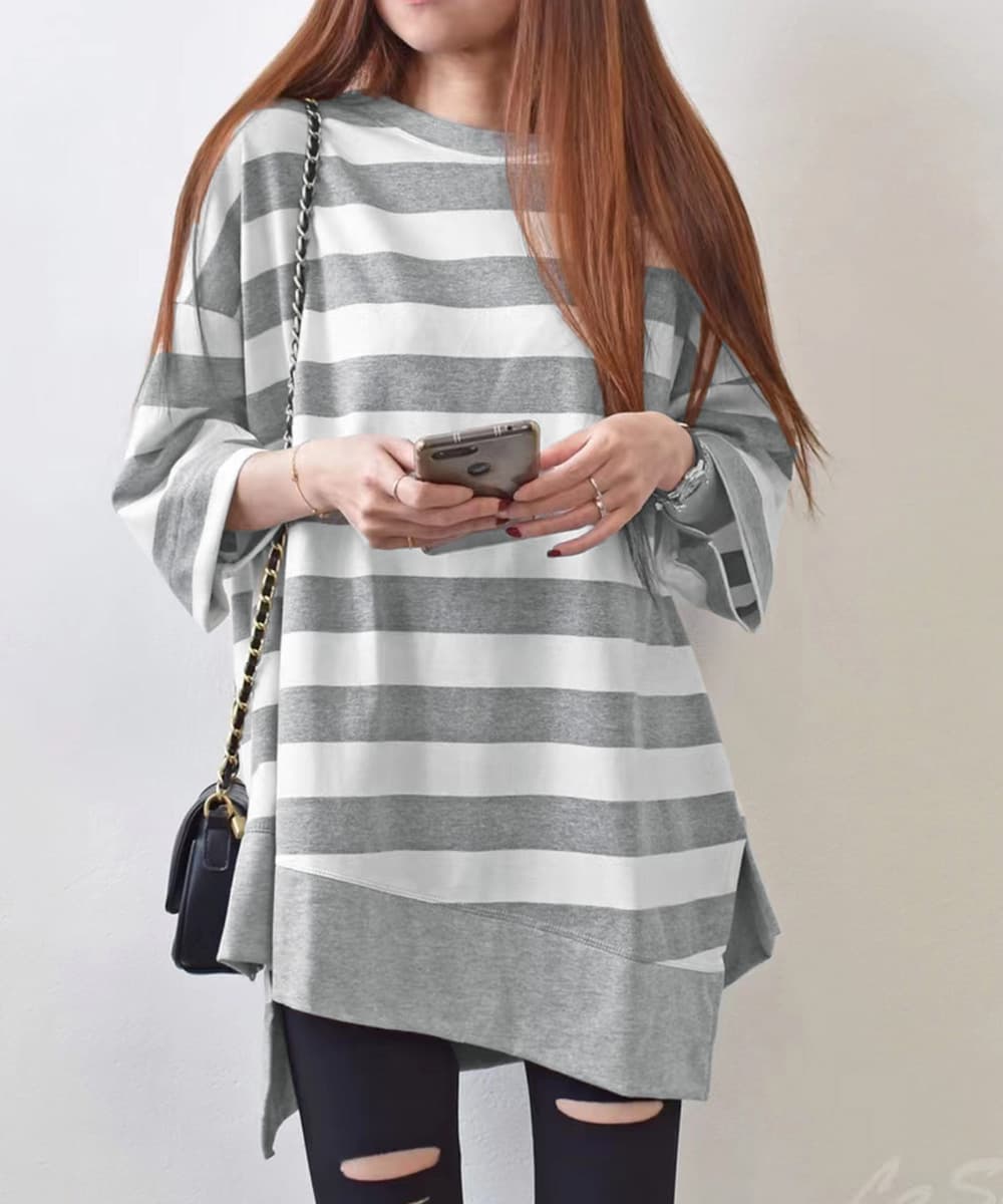 オーバーサイズTシャツ ボーダー柄オーバーサイズ半袖チュニック丈シャツ