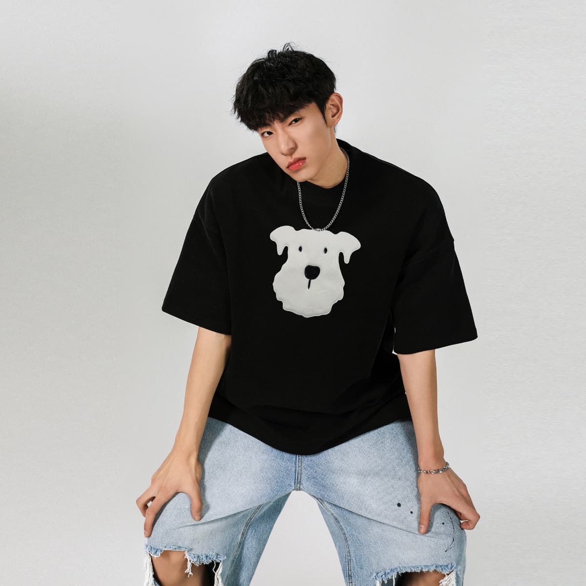 オーバーサイズTシャツ 犬プリント オーバーサイズ半袖シャツ メンズ