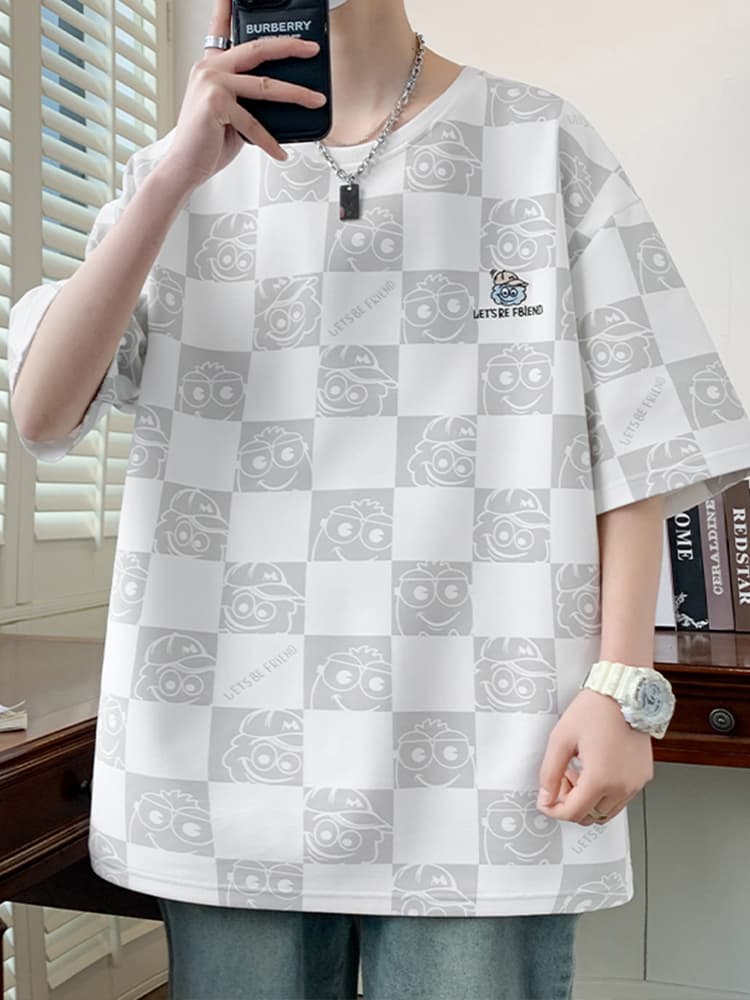 オーバーサイズTシャツ 市松模様キャラクター刺繍ゆったりシャツ