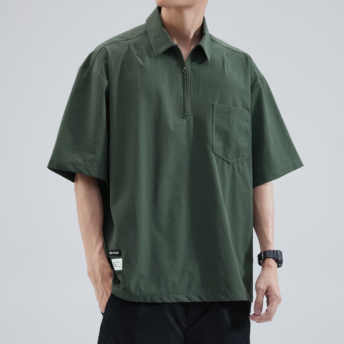 オーバーサイズTシャツ ハーフジップ襟付きポケットシャツ