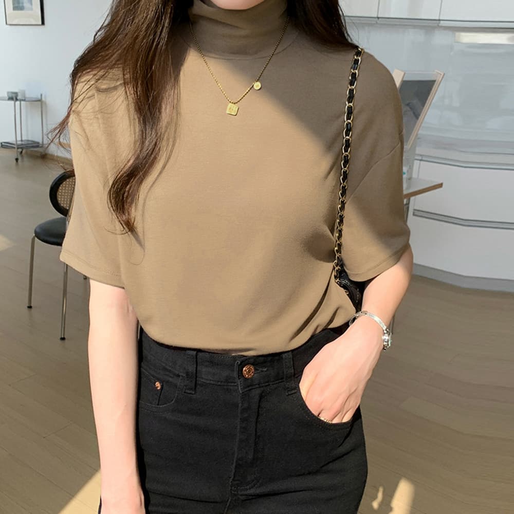 オーバーサイズTシャツ ハイネック半袖オーバーサイズ薄手シャツ レディース