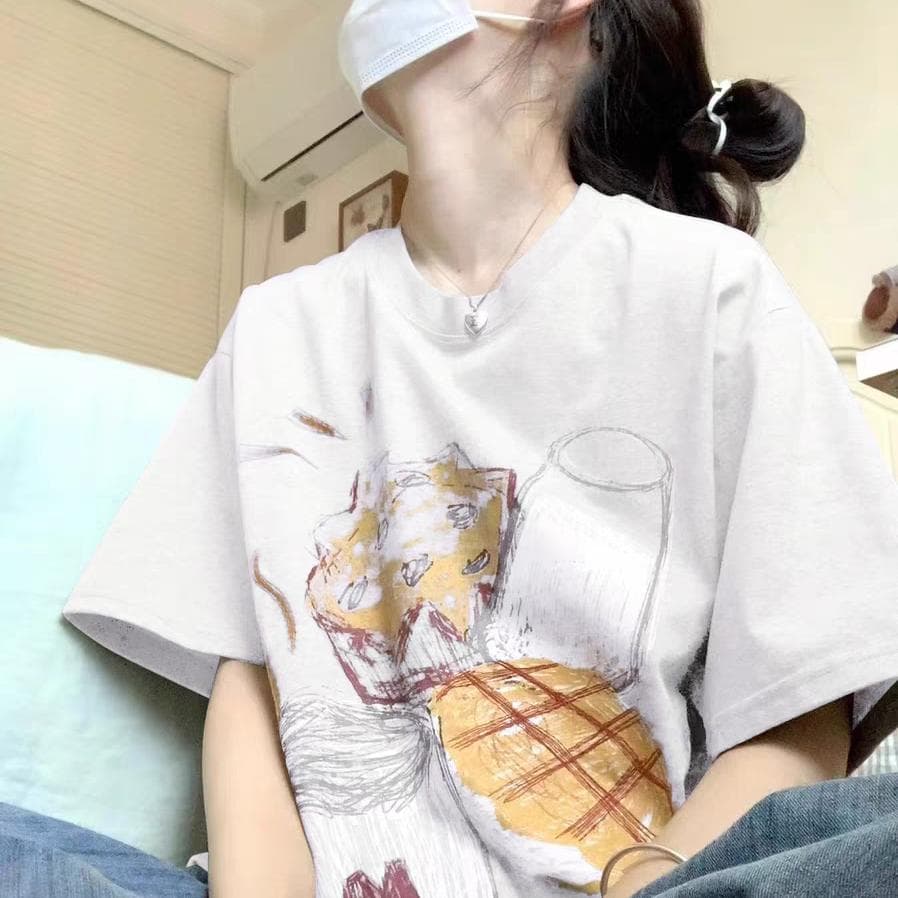 オーバーサイズTシャツ 朝食イラスト ゆったりルームウェア