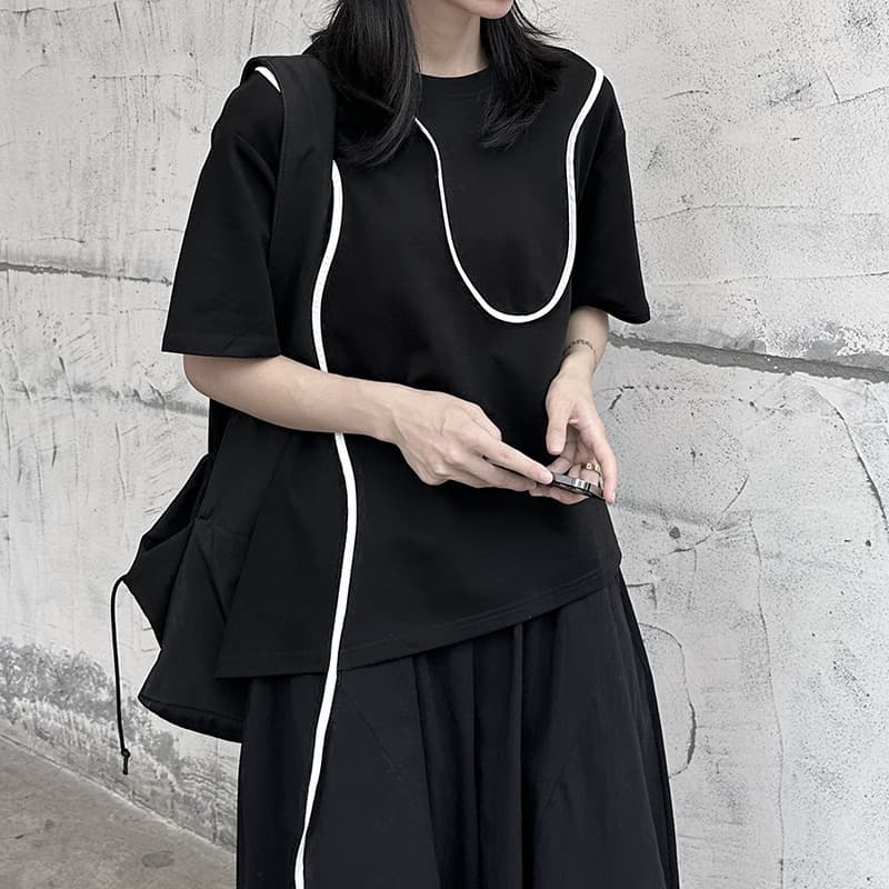 オーバーサイズTシャツ レディース曲線ラインデザインゆったりトップス